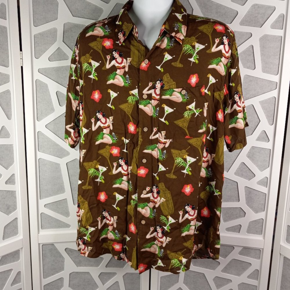 Junction West L Hawaiian Shirt Hula Pin Up Girl Aloha Tiki Cocktail Martini